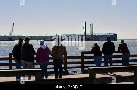 February 27, 2020 - St. Simons Island, Georgia, United States - People observe the Golden Ray cargo ship from the St. Simons Island Pier on February 27, 2020 in St. Simons Island, Georgia. In about a month, a salvage company will begin cutting the vessel into eight segments which can be lifted out of the water and removed by a barge. The vehicle carrier, loaded with 4200 new cars, capsized in St. Simons Island Sound on September 8, 2019 as it was leaving the Port of Brunswick. (Photo by Paul Hennessy/NurPhoto) Stock Photo