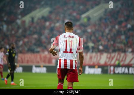 Atene, Grecia. 03rd Nov 2022. YOUSSEF EL ARABI dell'Olympiacos FC durante la partita di gruppo G della UEFA Europa League tra Olympiacos FC e FC Nantes allo stadio Karaiskakis il 3 novembre 2022 ad Atene, Grecia. Credit: Independent Photo Agency/Alamy Live News Foto Stock