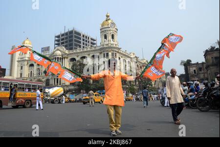 Supporter of Bharatiya Janata Party (BJP) during a political rally of Indian Home Minister Amit Shah to supporting the new citizenship law in Kolkata , India , on Sunday 1st March, 2020. (Photo by Sonali Pal Chaudhury/NurPhoto) Stock Photo