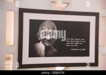 Picture of Mahatma Gandhi at the Gandhi Mandapam in Kanyakumari, Tamil Nadu, India, on February 12, 2020. Built in 1956, the Gandhi Mandapam (Gandhi memorial) in Kanyakumari sits on the site where Gandhi's ashes were kept before they were scattered to the sea and features unique architectural details to honor the beloved leader's life. (Photo by Creative Touch Imaging Ltd./NurPhoto) Stock Photo