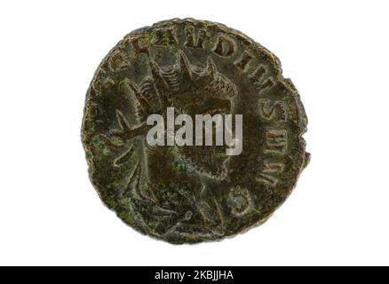 L'obverso di una moneta romana, un antoniniano raffigurante Claudio II (268-270 d.C.). Foto Stock