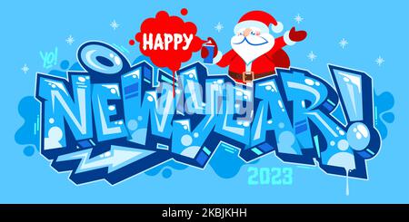 Divertente felice anno nuovo 2023 con Babbo Natale in stile Graffiti carattere Lettering vettore Illustrazione Arte Illustrazione Vettoriale