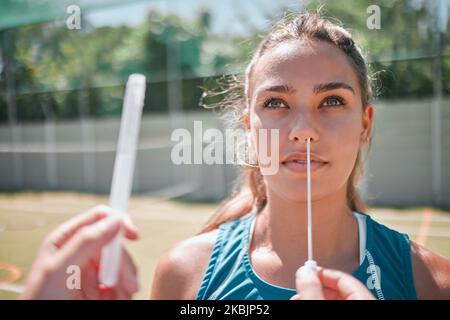 Pcr test, covid and fitness woman on sports court for international law compliance check in game, match or competition approval. First aid, cotton Stock Photo