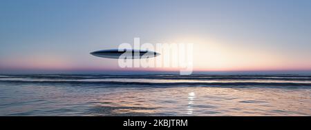 immagine 3d di un oggetto volante non identificato che si affaccia sul mare Foto Stock