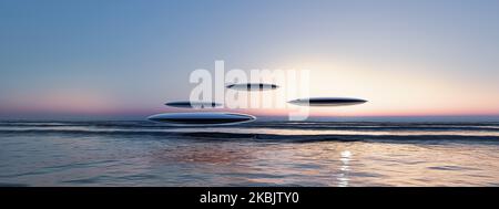oggetti volanti non identificati che avvistano sul mare illustrazione 3d Foto Stock