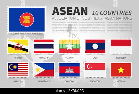 ASEAN . Associazione delle nazioni del sud-est asiatico . e bandiere di insieme dei membri . Modello di francobollo rettangolare piatto . Vettore . Illustrazione Vettoriale
