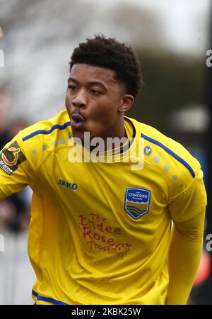 Lo sceriffo Decarrey di Concord Rangers celebra il suo obiettivo durante il Vanarama National League South Match tra Concord Rangers e Tonbridge Angels a Thames Road, Canvey Island, il 14 marzo 2020. (Foto di Action Foto Sport/NurPhoto) Foto Stock