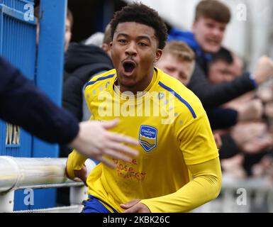 Lo sceriffo Decarrey di Concord Rangers celebra il suo obiettivo durante il Vanarama National League South Match tra Concord Rangers e Tonbridge Angels a Thames Road, Canvey Island, il 14 marzo 2020. (Foto di Action Foto Sport/NurPhoto) Foto Stock