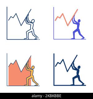 Icona della ripresa economica in stile piatto e lineare. Uomo che forza il recupero del grafico verso l'alto. Illustrazione vettoriale. Illustrazione Vettoriale
