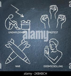 Economic crisis effects icon set on chalkboard. War, protests, unemployment symbols. Reading bad news. Vector illustration. Stock Vector