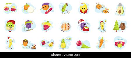 Una grande collezione di diversi cartoni animati di frutta e verdura. Simpatici personaggi divertenti nelle vacanze invernali. Clipart Kawaii per la progettazione di biglietti d'auguri di Capodanno e Natale, striscioni, poster. Illustrazione Vettoriale