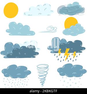 Cartoon elementi meteo disegnati a mano. Illustrazione vettoriale delle previsioni del tempo, fenomeni naturali come sole, nuvole, tempesta, neve, pioggia. Illustrazione Vettoriale