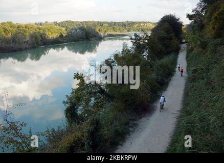 Roma, Italia. 3rd Nov 2022. I ciclisti possono fare escursioni nella Riserva Naturale Nazzano Tevere-Farfa, nel nord di Roma, 3 novembre 2022. La riserva naturale, situata nella campagna a nord della capitale italiana, è la prima riserva naturale della Regione Lazio in Italia. Credit: Jin Mamengni/Xinhua/Alamy Live News Foto Stock