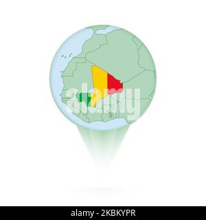 Mappa del Mali, icona di posizione elegante con mappa e bandiera del Mali. Icona a forma di pin verde. Illustrazione Vettoriale