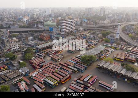 Buses parked in the terminal in Dhaka city during government-imposed lockdown as a preventive measure against the COVID-19 coronavirus in Dhaka, Bangladesh on April 04, 2020. (Photo by Zakir Hossain Chowdhury/NurPhoto) Stock Photo