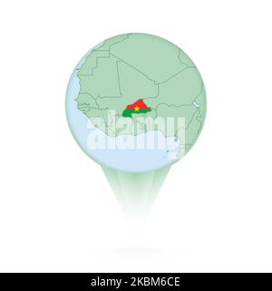 Mappa del Burkina Faso, icona di posizione elegante con mappa e bandiera del Burkina Faso. Icona a forma di pin verde. Illustrazione Vettoriale