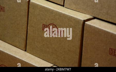 Deadline stamp printed on cardboard box. Business time shedule and work plan concept. Stock Photo