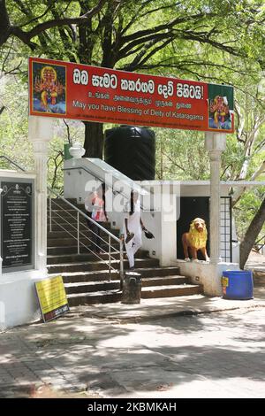 I fedeli camminano lungo i terreni del tempio di Kataragama a Kataragama, Sri Lanka, il 9 giugno 2017. Il tempio si trova sulla cima di una collina ed è una città di pellegrinaggio sacra per il popolo buddista, indù e indigeno Vedda dello Sri Lanka. Nonostante le differenze di casta e credo, molti srilankesi mostrano grande riverenza a Dio Kataragama. Essi lo onorano come una divinità molto potente e implorano aiuto divino per superare i loro problemi personali e credono che Dio Kataragama esiste ed è investito di un potere straordinario per aiutare coloro che si rivolgono a lui con fede e devozione in tempi di angoscia o di calamità. Foto Stock