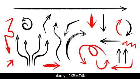 Mega set di diverse frecce rosse e nere disegnate a mano, inchiostro, pennello, su bianco Foto Stock