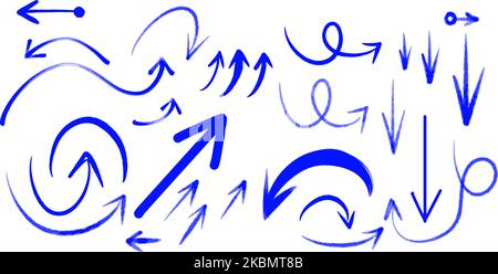 Grande serie di frecce disegnate a mano, diversi tipi, isolate Illustrazione Vettoriale