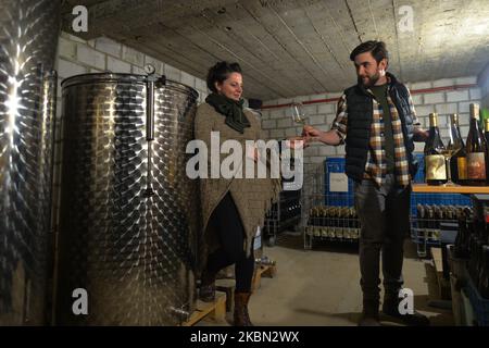 Joanna e Marcin del vigneto Amonit, hanno visto provare il loro vino bianco all'interno di una cantina. Il vigneto di famiglia si estende su 0,5 ettari ed è specializzato in tre varietà di uve: Johanniter e Solaris (vini bianchi) e Regent (vini rossi). Dall'allentamento delle restrizioni del coronavirus in Polonia, chiunque lavori la terra non ha bisogno di indossare maschere protettive. Molte persone stanno cercando di recuperare il lavoro perso durante il blocco. Mercoledì 29 aprile 2020 a Cianowice, vicino Skala, nella contea di Cracovia, Polonia. (Foto di Artur Widak/NurPhoto) Foto Stock