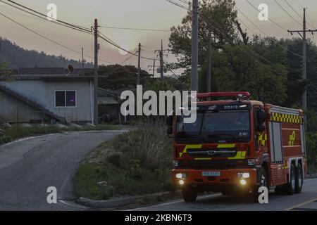 Un veicolo dei vigili del fuoco va una testa a brucia sito forestale un'operazione per spegnere un incendio forestale a Goseong, circa 160 chilometri a nord-est di Seoul, il 2 maggio 2020. Il fuoco scoppiò un giorno prima. Un incendio scoppiò a fine venerdì vicino a una montagna di Goseong, nella provincia di Gangwon, costringendo almeno decine di persone ad evacuare e le autorità locali a chiedere aiuto dalle città vicine. Nessun incidente era stato segnalato alle 10:20, ma l'incendio stava crescendo rapidamente a causa dei venti forti, gli operatori locali di soccorso hanno detto. L'incendio iniziò in una casa nella contea situata a circa 210 chilometri a nord-est di Seoul, e. Foto Stock