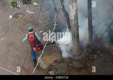 Un lavoratore spruzza pesticidi per uccidere zanzare in zona residenziale durante un blocco imposto dal governo come misura preventiva contro il coronavirus COVID-19 a Dhaka, in Bangladesh, il 2 maggio 2020. (Foto di Mamunur Rashid/NurPhoto) Foto Stock