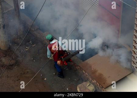 Un lavoratore spruzza pesticidi per uccidere zanzare in zona residenziale durante un blocco imposto dal governo come misura preventiva contro il coronavirus COVID-19 a Dhaka, in Bangladesh, il 2 maggio 2020. (Foto di Mamunur Rashid/NurPhoto) Foto Stock