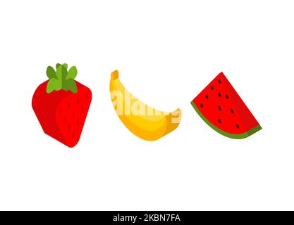 Set di icone in stile isometrico di frutta. Cocomero e fragola e banana. Illustrazione vettoriale Illustrazione Vettoriale