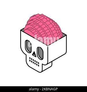 Cranio con icona di stile isometrico cerebrale. Cranio con illustrazione vettoriale del cervello Illustrazione Vettoriale