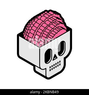 Cranio con icona di stile isometrico cerebrale. Cranio con illustrazione vettoriale del cervello Illustrazione Vettoriale