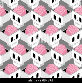 Cranio con modello cerebrale icona di stile isometrico senza cuciture. Cranio con sfondo cervello. Cartone animato ornamento tessuto bambini Illustrazione Vettoriale