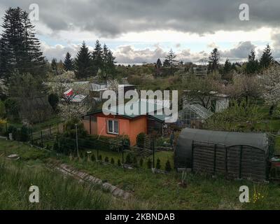 Gazebo in aree di giardini allottamenti sono visti a Danzica, Polonia il 5 maggio 2020 (Foto di Michal Fludra/NurPhoto) Foto Stock