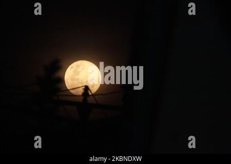 Una luna piena sorge sopra la reggenza di Bekasi, provincia di Giava Occidentale il 7 Maggio 2020. Questa luna piena, conosciuta anche a maggio come Super Flower Moon è l'ultima superluna dell'anno. (Foto di Aditya Irawan/NurPhoto) Foto Stock