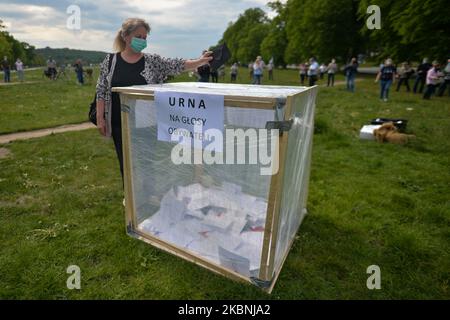 Un attivista del Comitato per la Difesa della democrazia (KOD) esprime il suo voto durante una finta elezione al Blonia Park di Cracovia. Le elezioni si sono svolte oggi, ma sono state sospese in seguito a un dibattito su come e quando si poteva votare in modo sicuro durante la pandemia di coronavirus. Il governo aveva proposto un voto a carattere postale, ma le critiche al piano e i complicati preparativi hanno portato al rinvio annunciato solo mercoledì scorso. Domenica 10 maggio 2020 a Cracovia, Polonia. (Foto di Artur Widak/NurPhoto) Foto Stock