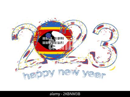 2023 anno in stile grunge con bandiera dello Swaziland. Illustrazione del vettore grunge festivo. Illustrazione Vettoriale