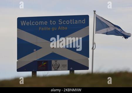 A general view of the border between England and Scotland at Carter Bar, Northumberland UK on May 12, 2020 during the lockdown imposed because of the COVID-19 Pandemic. (Photo by Tom Collins/MI News/NurPhoto) Stock Photo