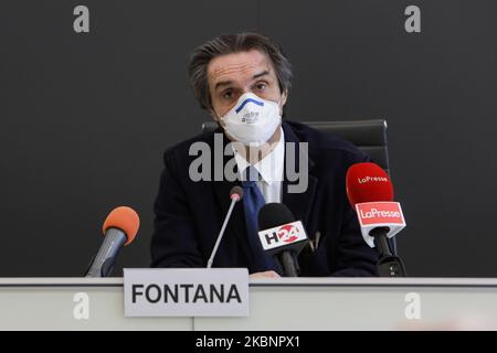 Attilio Fontana durante la conferenza stampa in Lombardia per il programma #ripartilombardia a Palazzo Pirelli, Milano, maggio 14 2020. #Ripartilombardia è un programma operativo destinato al rilancio del settore turistico italiano, un settore molto colpito dall'emergenza coronavirus. (Foto di Mairo Cinquetti/NurPhoto) Foto Stock