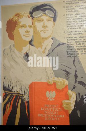 A post war propaganda poster seen inside the PRL Museum in Nowa Huta district of Krakow. The PRL Museum retraces the forty-year history of the pro-communist People's Republic of Poland (PRL). It it located in the former cinema 'Swiatowid'. The museum also offers guided tours through nuclear bunkers of Nowa Huta. On Monday, April 27, 2020, in Krakow, Poland. (Photo by Artur Widak/NurPhoto) Stock Photo