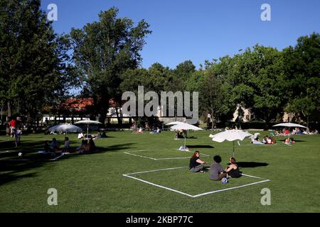 Le persone godono del sole mentre si siedono in diverse aree squadrate create dal comune per garantire l'allontanamento sociale nel parco di Alagoa durante la pandemia di Coronavirus COVID-19 a Cascais, Portogallo, il 23 maggio 2020. Il comune di Cascais ha implementato in diversi parchi urbani l'iniziativa Summer in the Park che mira ad allentare la pressione sulle spiagge. (Foto di Pedro FiÃºza/NurPhoto) Foto Stock