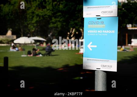 Le persone godono del sole mentre si siedono in diverse aree squadrate create dal comune per garantire l'allontanamento sociale nel parco di Alagoa durante la pandemia di Coronavirus COVID-19 a Cascais, Portogallo, il 23 maggio 2020. Il comune di Cascais ha implementato in diversi parchi Parkâ€™iniziativa â€œSummer nel€ che mira ad allentare la pressione sulle spiagge. (Foto di Pedro FiÃºza/NurPhoto) Foto Stock