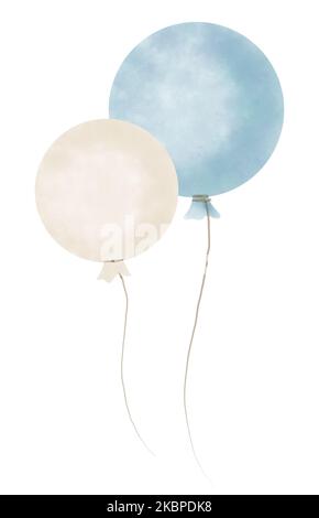 Mazzo di palloncini di elio color acqua blu e beige. Illustrazione disegnata a mano per la festa del bambino di compleanno in colori pastello carini. Disegno su isolato bianco b Foto Stock