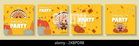 Set di banner quadrato per il partito di ringraziamento. tacchino fresco di ringraziamento. Invito alla festa. Illustrazione Vettoriale