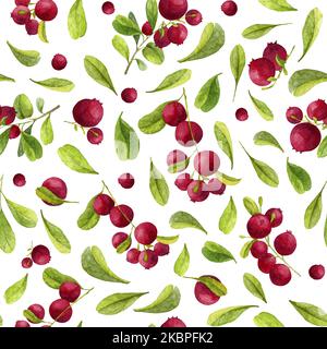 Modello senza cuciture con mirtillo. Fondo acquerello disegnato a mano con bacche rosse e foglie verdi. Frutti di mirtillo rosso per carta da imballaggio o texti Foto Stock
