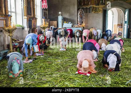 I Lipovani celebrano la Domenica di Pentecoste nella Chiesa Ortodossa Orientale a Vylkove, Odessa Oblast, Ucraina, il 7 giugno 2020. I Lipovani sono vecchi credenti, per la maggior parte di origine etnica russa, che si stabilirono in Romania e nei territori vicini. Circa il 70% della popolazione di Vylkove è costituita da Lipovans. (Foto di Oleksandr Rupeta/NurPhoto) Foto Stock