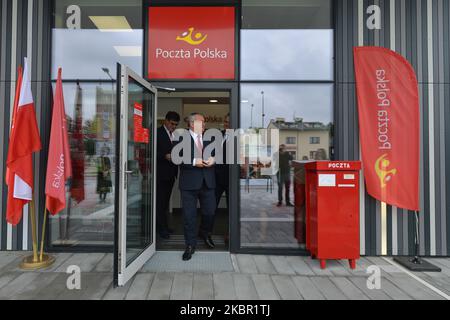 Minister Andrzej Adamczyk visiting newly opened Post Office at Oswiecim railway station. Andrzej Adamczyk, Minister of Infrastructure and Krzysztof Maminski, CEO of Polish State Railways (PKP SA) officially opened a new railway station in Oswiecim. In 2019, 2.3 million people from around the world visited the grounds of the former German Nazi concentration and extermination camp Auschwitz and Auschwitz II-Birkenau On Wednesday, June 10, 2020, in Oswiecim, Lesser Poland Voivodeship, Poland. (Photo by Artur Widak/NurPhoto) Stock Photo