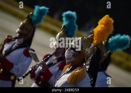 I soldati della guardia presidenziale si esibiscono durante la cerimonia di sollevamento della Bandiera Nazionale di fronte al Palazzo Alvorada in mezzo alla pandemia di Coronavirus (COVID-19), a Brasilia, in Brasile, martedì 9 giugno, 2020. (Foto di Andre Borges/NurPhoto) Foto Stock