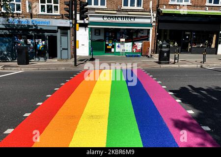 Il London borough di Greenwich mostra il loro sostegno a Pride a Londra dipingendo una zebra che attraversa i colori della bandiera arcobaleno, a Eltahm, Londra, Regno Unito, il 15 giugno; 2020. (Foto di Robin Pope/NurPhoto) Foto Stock