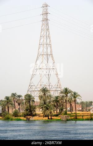 Piloni elettrici ad alta tensione circondati da palme sulla riva del fiume Nilo, Egitto Foto Stock