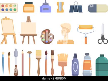 Art workshop icons set cartoon vector. School kid. Craft paint Stock Vector